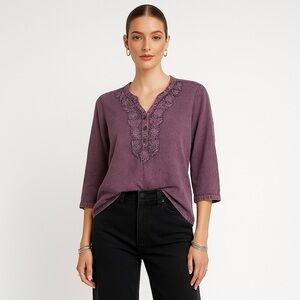 Chic Connection Top Purple Floral Embroidered Whimisgoth Boho Button Blouse 1X